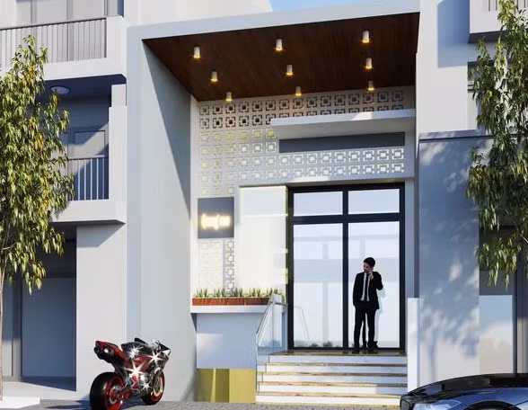 Nhà ống 1 tầng có gác lửng hiện đại có sân rộng 1 bên lối vào cho gara tầng hầm, còn 1 bên thiết kế lối cầu thang 5 bậc bước lên đại sảnh. Ảnh: Thietkenhadepmoi.