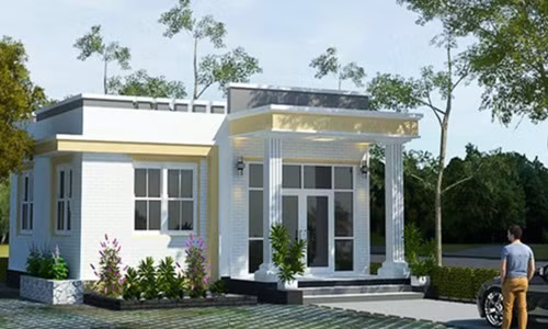 Đây là mẫu nhà mái bằng phổ biến ở nông thôn với kiến trúc tối giản và hình khối vuông vức gọn gàng. Ảnh: Angcovat.