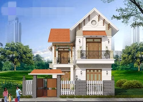 Vẻ đẹp hiện đại mà truyền thống của biệt thự mái thái bắt nguồn từ những hình khối trúc vuông vắn. Các mảng tường đã được cách điệu chia thành các ô để tạo điểm nhấn. Ảnh: Thietkenhadepaau.