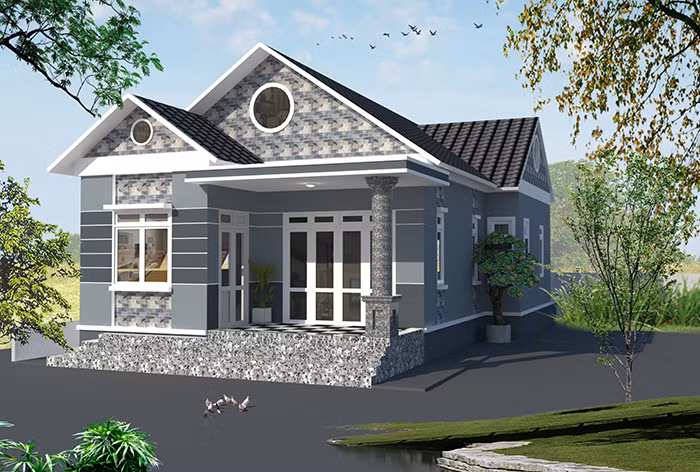 Mẫu nhà cấp 4 nông thôn miền Bắc với mặt tiền ốp đá sang trọng. Ảnh: Datbinhduong.