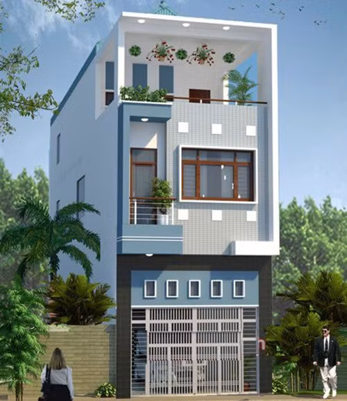  Nhà 2 tầng đơn giản với hình khối vuông vức, mặt tiền trang trí lạ mắt. Ảnh: Inhome.