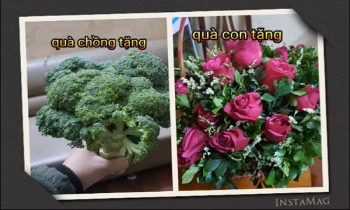 và đây là quà của năm 2018: chồng chị vẫn kiên định tặng hoa súp lơ xanh, còn bó hoa hồng bên cạnh là quà con trai tặng chị.