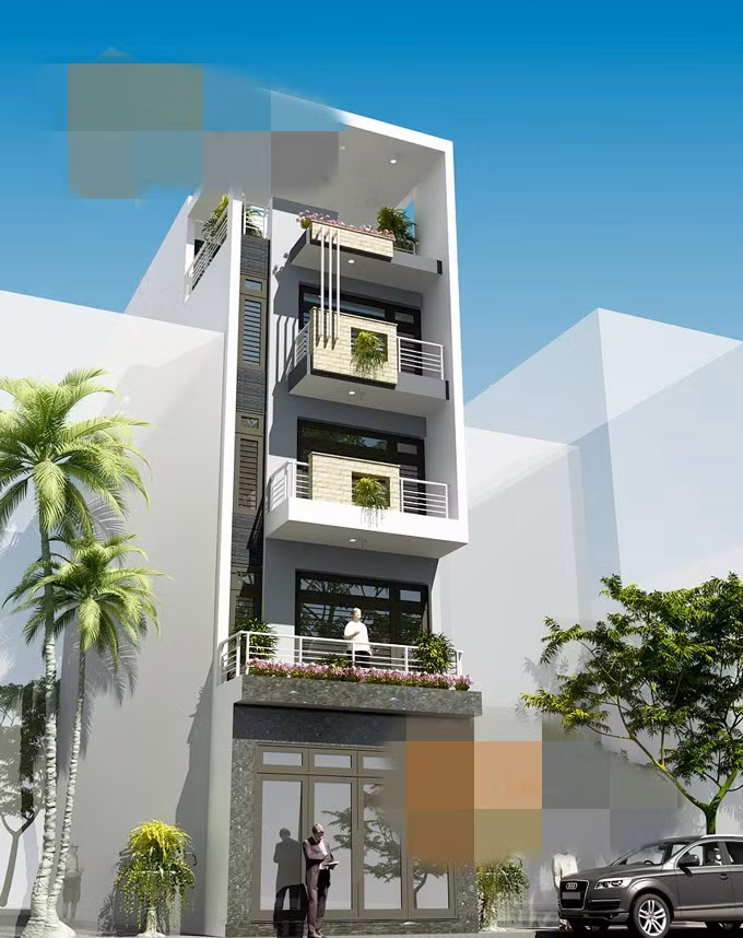 Công trình nhà 5 tầng hiện đại được tạo hình với kiểu dáng vuông vắn. Ảnh: Kientaoviet.