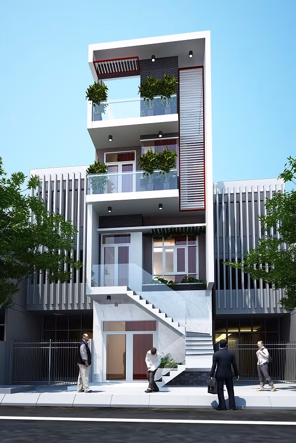 Tầng trệt bố trí là khu vực để xe. Tầng 1 gồm phòng khách phía trước, sau là bếp và phòng ăn. Ảnh: Thietkexaynha.