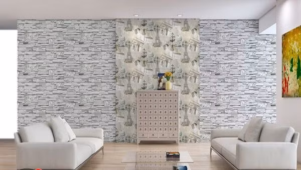 Giấy dán tường giả đá với tông sáng giúp phòng khách trở nên sáng sửa hơn. Ảnh: Giaydantuongtphcm.