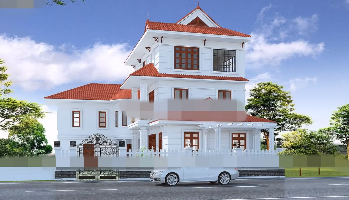Nhà vườn 3 tầng mái thái hình chữ L tận dụng góc vuông đất tạo khoảng sân thoáng và mảnh vườn lớn trồng cây. Ảnh: Kienphumy.