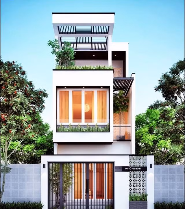 Nhà ống sử dụng khung thép cho cổng ra vào và mái che trên tầng thượng giúp giảm chi phí xây dựng và rút ngắn thời gian thời gian hoàn thiện. Ảnh: Thiekenhadepmoi.