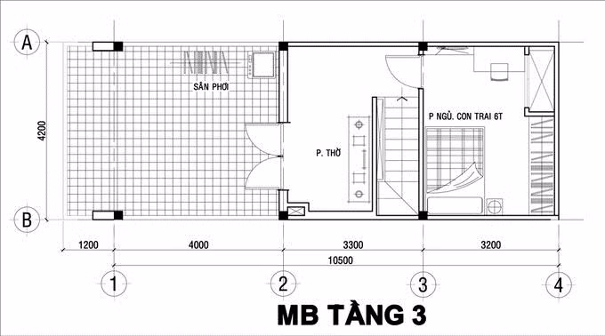 Phòng ngủ của bé trai 6 tuổi, phòng thờ và khoảng sân nhỏ phơi đồ trên tầng 3. Nguồn ảnh: Song Phát Construction.
