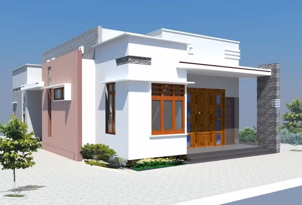 Mẫu nhà cấp 4 mái bằng sử dụng đá ốp lát trang trí. Cửa sổ và cửa đi được thiết kế cửa gỗ pano kính. Ảnh: Thietkethicongnhadep.