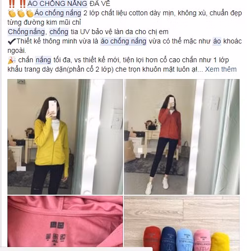 Không chỉ các cửa hàng trên phố, áo chống nắng rao bán trên chợ mạng cũng thu hút nhiều khách mua. Ảnh: Facebook.