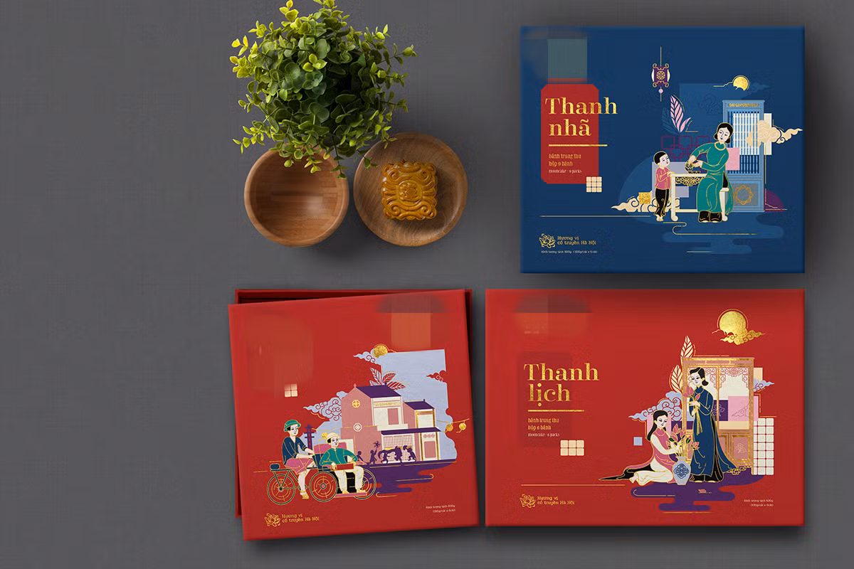 Hộp bánh trung thu tái hiện một khung cảnh sinh hoạt quen thuộc của người Hà Nội thanh lịch. Ảnh: Brandsvietnam.