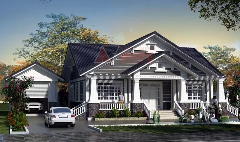 Toàn khối mái thái màu đen sẫm vừa mang vẻ đẹp sang trọng vừa tăng tính bề thế cho biệt thự 1 tầng. Ảnh: Angcovat.