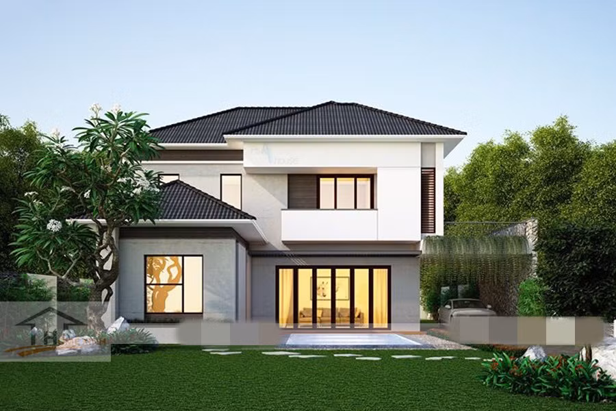 Điểm nhấn của căn biệt thự là không gian vườn bên ngoài bao quanh bởi cây xanh, thảm cỏ… đan xen nhau. Ảnh: Kientruchomexinh.