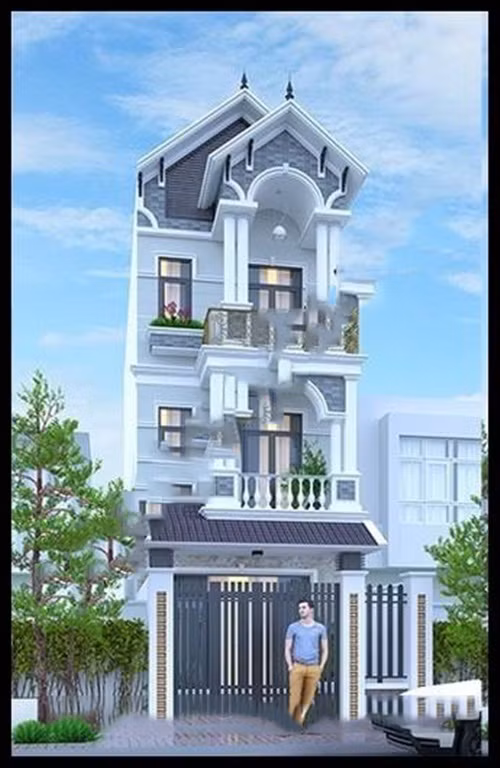 Nhà phố 3 tầng mặt tiền kiểu Pháp kết hợp phong cách đương đại mang đến đường nét mềm mại. Ảnh: Maunhadepktv.