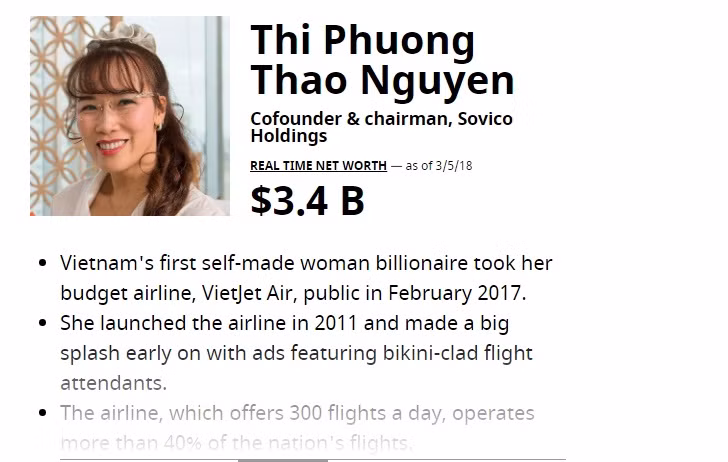 3,4 tỷ USD là tài sản mới nhất của bà Nguyễn Thị Phương Thảo. Ảnh: Forbes.