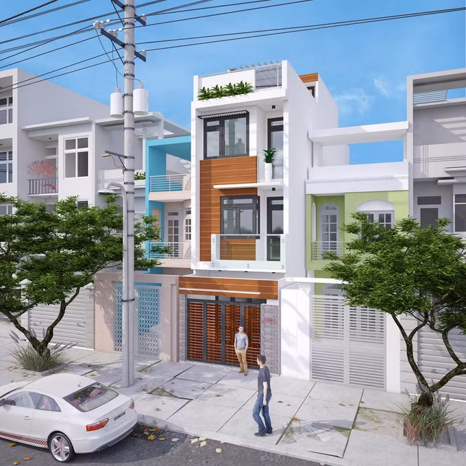 Nhà ống đẹp 3 tầng 1 tum diện tích gần 70m2 với 3 phòng ngủ, có gara ô tô chi phí 1,1 tỷ đồng. Ảnh: Ktshanoi.