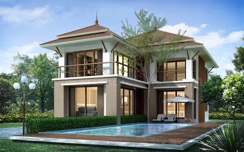 Nhà 2 tầng mái thái hiện đại có hồ bơi rộng rãi trước nhà. Ảnh: Nhadepsang.