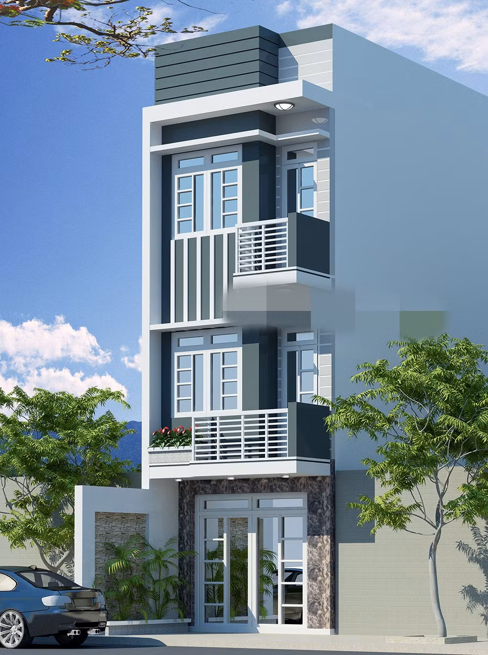 Bên ngoài sử dụng nhiều lam chắn và đường chỉ tạo cho mặt tiền sự vững chắc và lịch lãm. Ảnh: Phankienphat.