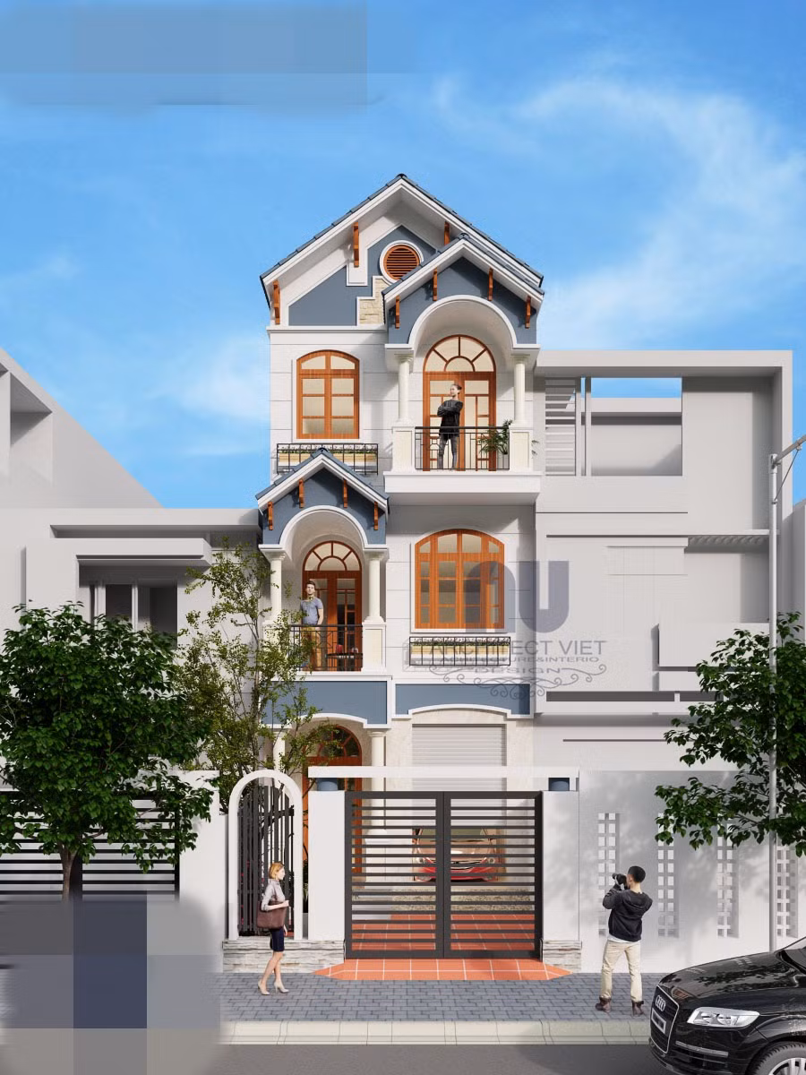Mái thái xanh lam lạ mắt, khác biệt so với những kiểu mái đỏ truyền thống. Ảnh: Arcviet.