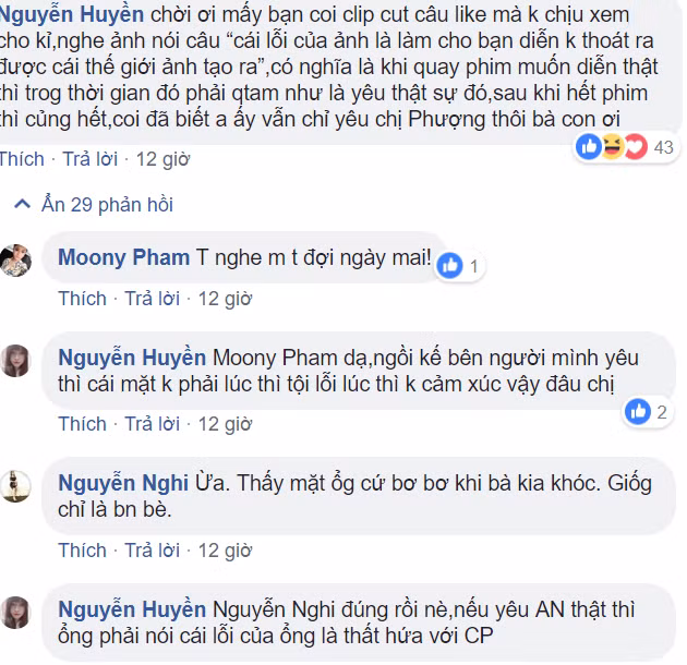 Ngay lập tức, các fan của cặp đôi Cát- Kiều đã vào facebook của Kiều Minh Tuấn tranh luận dữ dội. Bạn Nguyễn Huyền phân tích: "Trời ơi mấy bạn coi clip cut câu like mà không chịu xem cho kỹ, nghe ảnh nói câu “cái lỗi của ảnh là làm cho bạn diễn không thoát ra được cái thế giới ảnh tạo ra”,có nghĩa là khi quay phim muốn diễn thật thì trog thời gian đó phải quan tâm như là yêu thật sự đó, sau khi hết phim thì cũng hết, coi đã biết anh ấy vẫn chỉ yêu chị Phượng thôi bà con ơi".