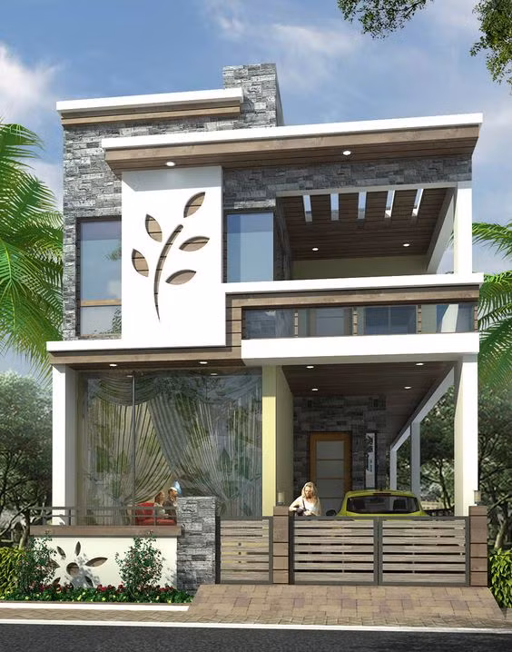 Nhà phố bắt mắt với hình khối vuông vức và gạch ốp trang trí ngoài mặt tiền. Ảnh: Kientrucnhadep24h.