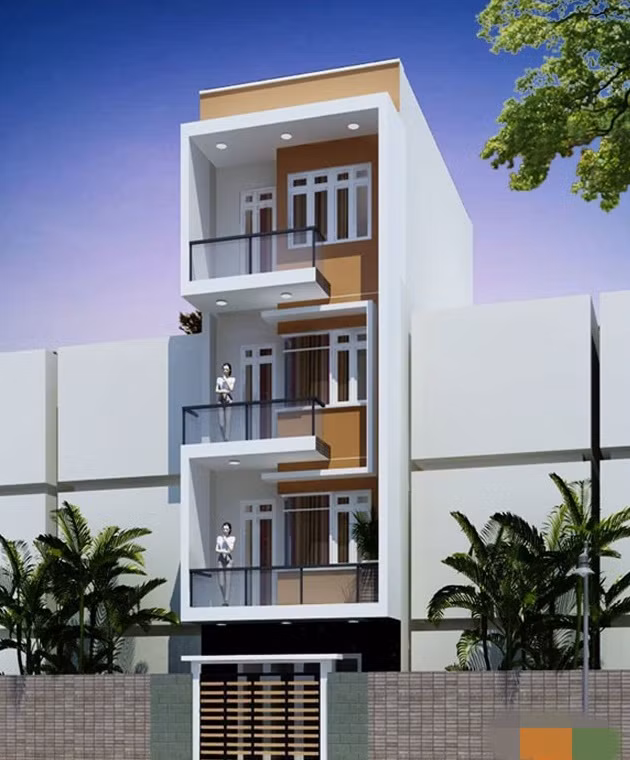 Điểm nhấn bên ngoài mặt tiền nhà phố 4 tầng là vật liệu trang trí hiện đại cùng với sự xuất hiện của các lô gia ban công, cửa sổ, cửa hiên làm bằng kính cường lực và khung nhôm màu đẹp mắt. Ảnh: Maunhadep.