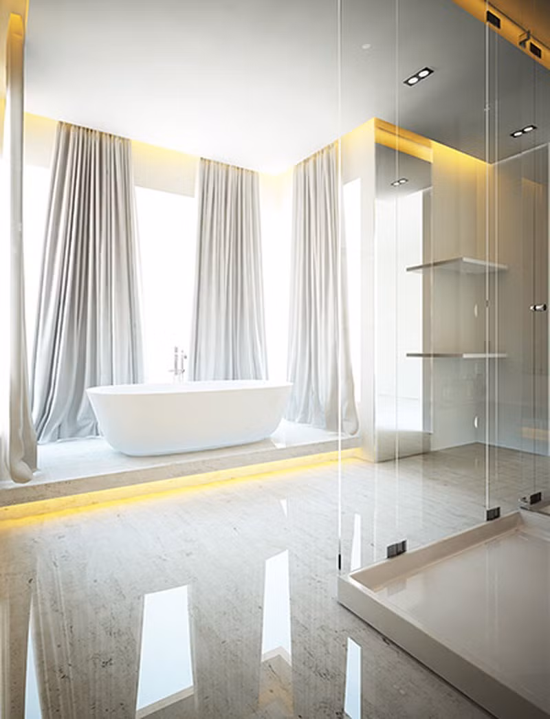 Phòng tắm chính thiết kế mở chính, ngập tràn ánh sáng. Ảnh: Zing.