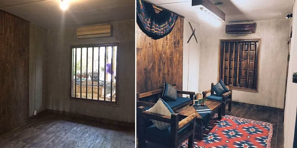 Trần và tường nhà láng xi măng mộc mạc.