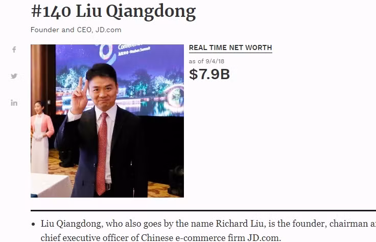 Theo ước tính của Tạp chí Forbes, tỷ phú Richard Liu đang sở hữu khối tài sản khoảng 7,9 tỷ USD. Ảnh: Forbes.