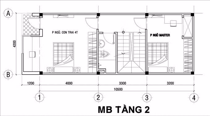 Tầng 2 gồm phòng ngủ của con trai 4 tuổi, phòng ngủ chính của bố mẹ và một phòng vệ sinh chung.