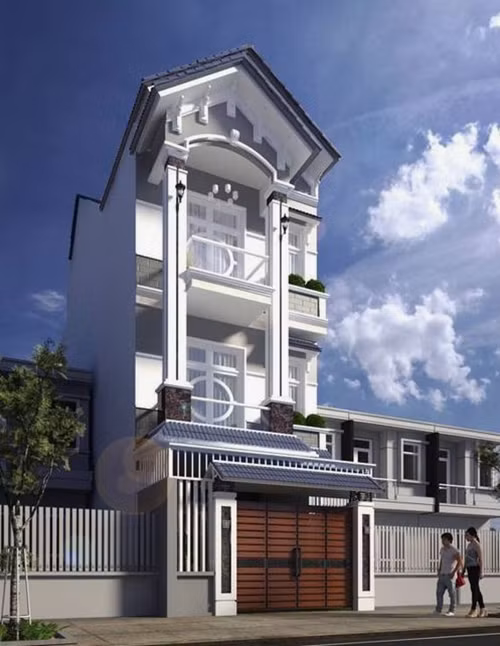 Nhà ống mái thái nổi bật với cánh cổng đẹp kiêu sa. Nguồn ảnh: Xaynhasaigon.