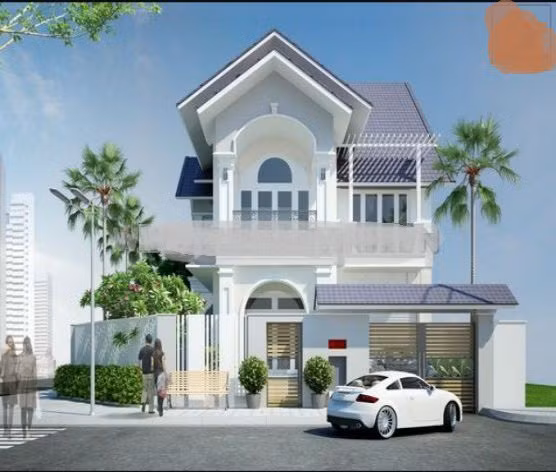 Nhà 2 tầng mái thái kiến trúc cổ điển có sân để xe hơi rộng tiện nghi. Ảnh: Kienanvinh.