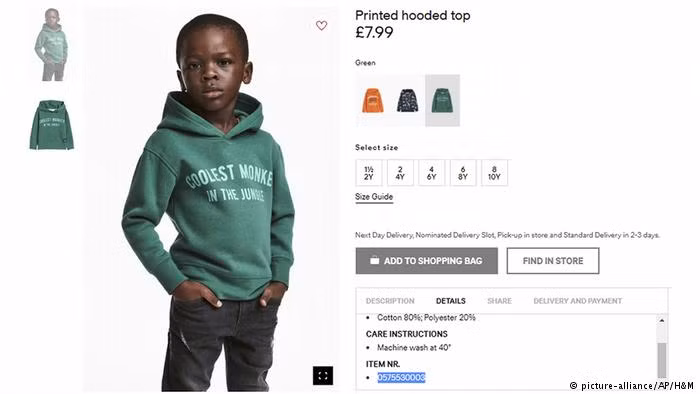 Theo CNN, người tiêu dùng Nam Phi nổi giận khi H&amp;M tung ảnh quảng cáo có cậu bé da màu mặc áo nỉ chui đầu có in trước ngực dòng chữ "coolest monkey in the jungle". Ảnh: DW.