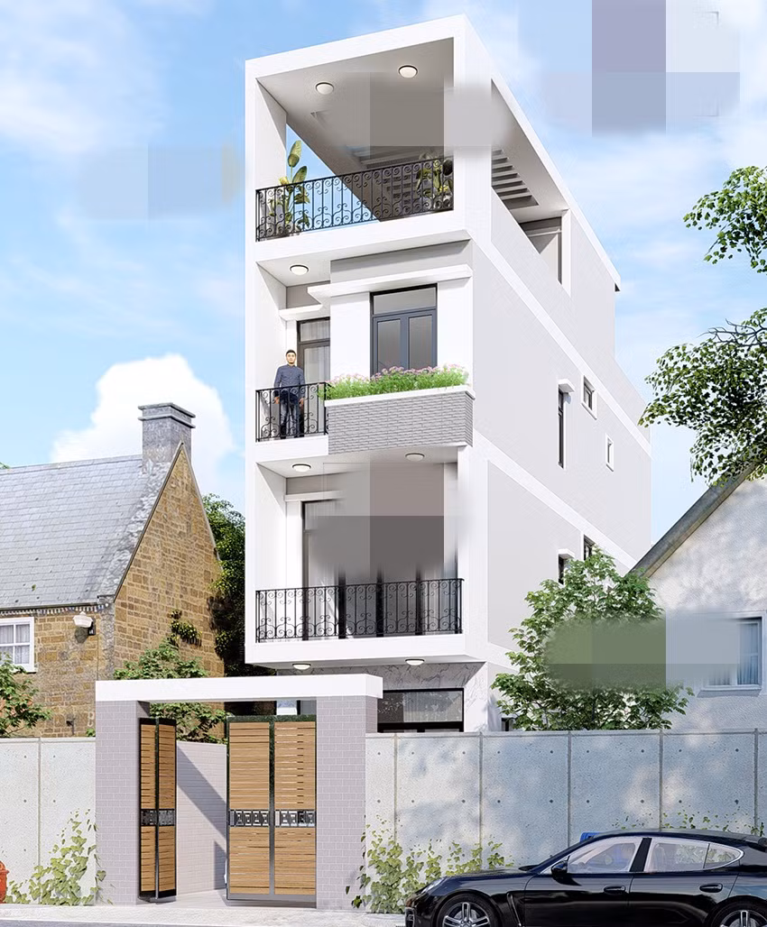 Mẫu nhà phố 3 tầng 1 tum có mặt tiền hiện đại, đơn giản. Bồn hoa trước các tầng giúp cho không khí mát mẻ cũng như tăng nét thẩm mỹ cho ngôi nhà. Ảnh: Kienanvinh.