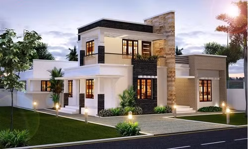  Biệt thự mái bằng 2 tầng phối màu sắc trắng, đen, nâu, vàng hài hòa mang đến sự độc đáo. Ảnh: Kientrucsuvietnam.