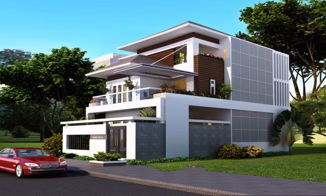Biệt thự 2 tầng mái bằng với thiết kế các khối hình học được sắp xếp khá hài hòa. Ảnh: Thanglongarc.