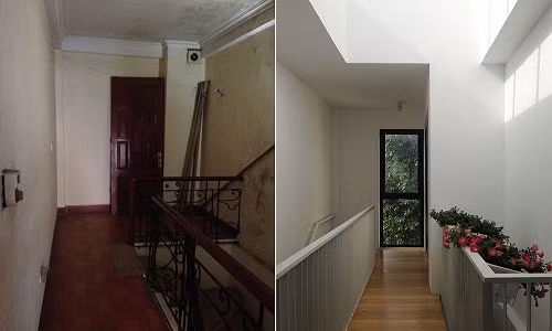 Sau khi nghiên cứu, phương án cải tạo nhà ống cũ là loại bỏ cầu thang giữa nhà. Thay vào đó, kết hợp giếng trời và hệ thống cửa kính mở ra phía sau.