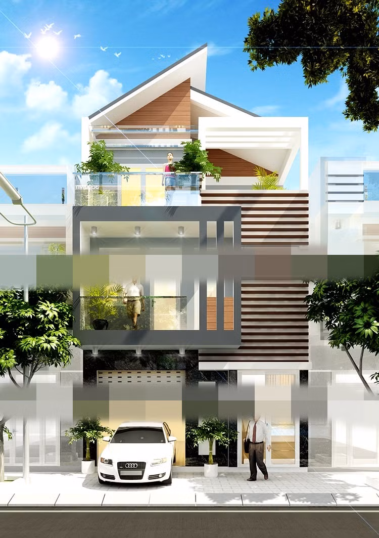Điểm nổi bật trong thiết kế nhà 3 tầng là phần mái xéo hai dốc cá tính. Ảnh: Namlongcons.