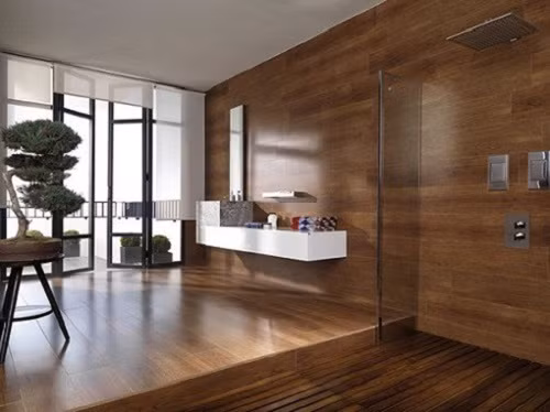 Gạch ốp tường giả gỗ là sự hòa hợp giữa hiện đại và cổ điển, thể hiện một vẻ đẹp đầy cuốn hút. Ảnh: Medium.