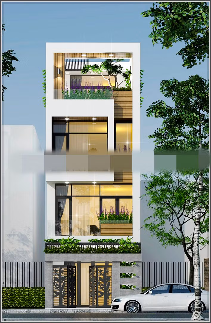 Mẫu nhà phố hiện đại với không gian sống thông thoáng, mặt tiền trẻ trung, hình khối mạnh mẽ, chắc chắn. Ảnh: Nhalouis.