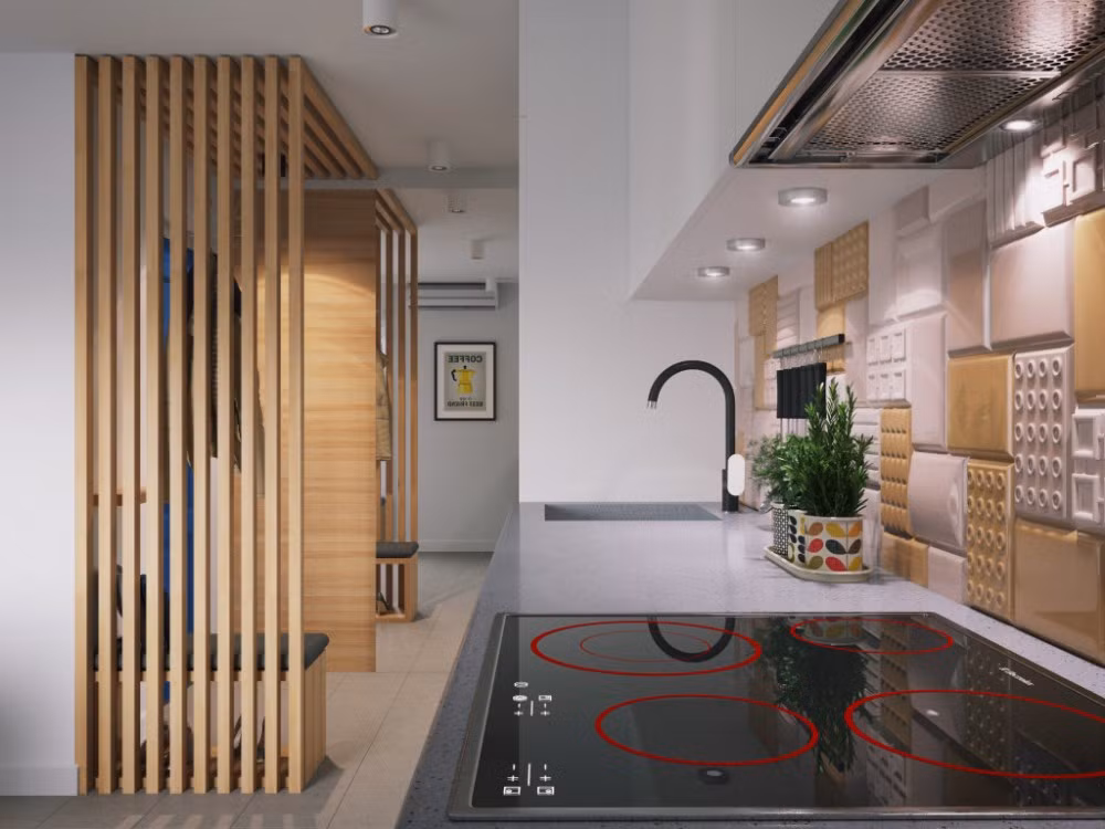 Phòng bếp là điểm nhấn trong căn hộ nhỏ nhờ cách bài trí khéo léo và tinh tế.