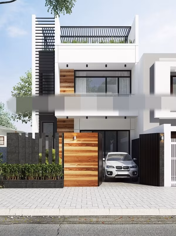 Nhà 2 tầng mái bằng đẹp hiện đại, sử dụng tông màu trắng, đen và xám. Ảnh: Kientrucnhaviet.