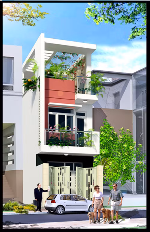  Nhà ống 2 tầng trẻ trung với màu sắc nồng ấm đan xen thảm thực vật xanh tươi. Ảnh: Maunhadepmoi.