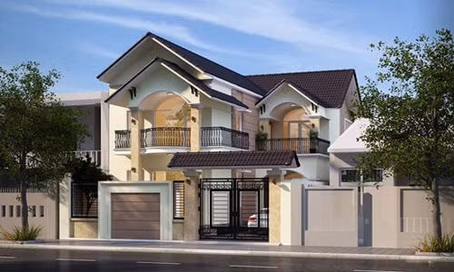  Nhà mái thái 2 tầng tân cổ điển có sân rộng để ô tô. Cổng mái thái vừa mang kiến trúc truyền thống vừa giúp công trình trở nên hoành tráng mà không lạc nhịp. Ảnh: Arcviet.