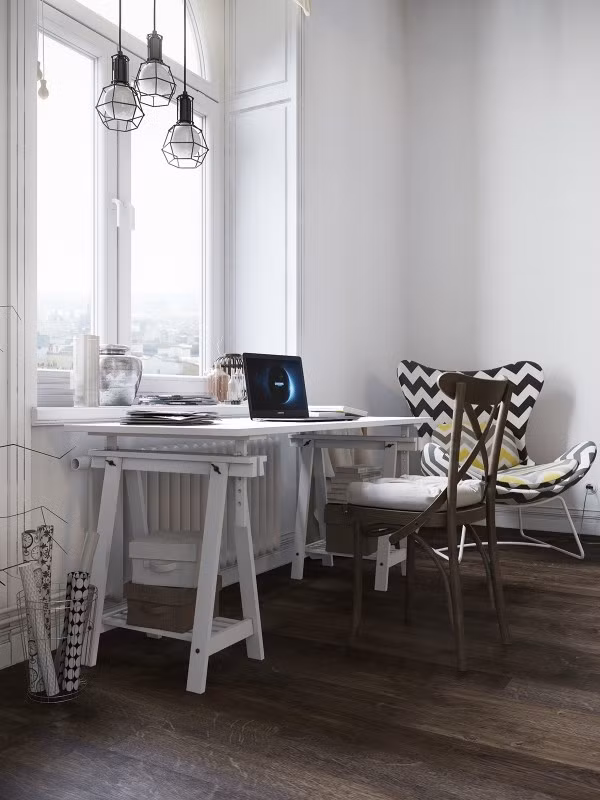 Bàn làm việc nhỏ xinh thoáng đãng cạnh cửa sổ.