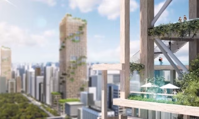 Tòa nhà ngốn khoảng 185.000 mét khối gỗ. Phần thiết kế do công ty kiến trúc Nikken Sikkei ở Tokyo phụ trách.