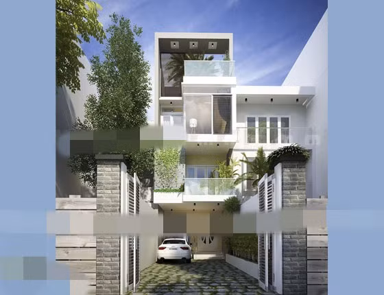 Mẫu nhà phố hiện đại 3 tầng sở hữu vẻ đẹp hiện đại, khỏe khoắn và đáp ứng đầy đủ tiện nghi sinh hoạt. Gara để xe được thiết kế ở tầng trệt. Ảnh: Thietkehoanggia.