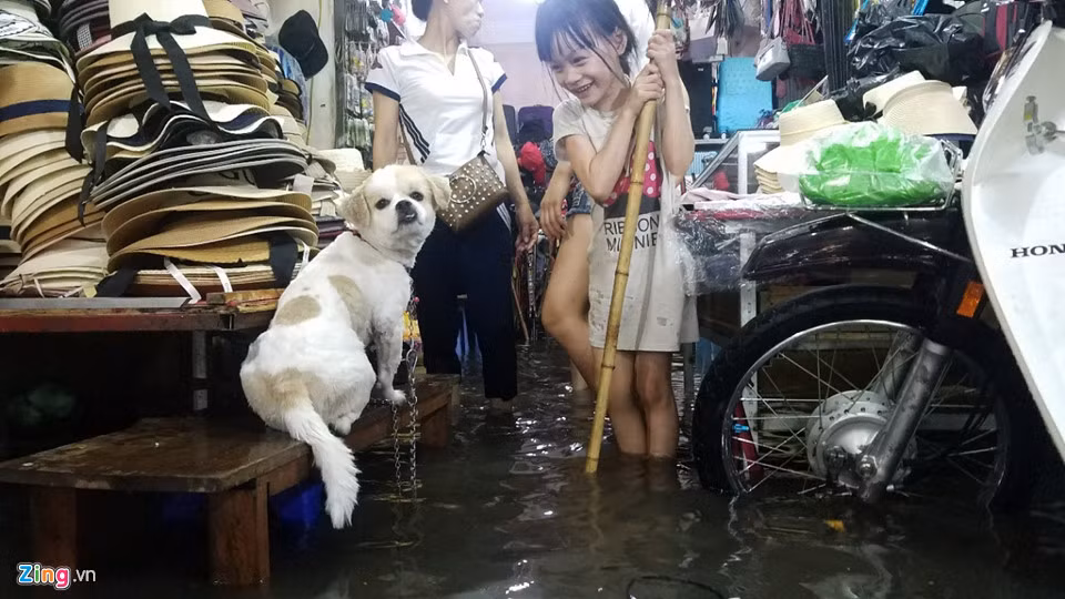 Tuy nhiên, nhiều căn nhà mặt phố gần đó không tránh khỏi việc bị nước "tấn công". Một cửa hàng kinh doanh thời trang nhanh chóng kê đồ lên cao.