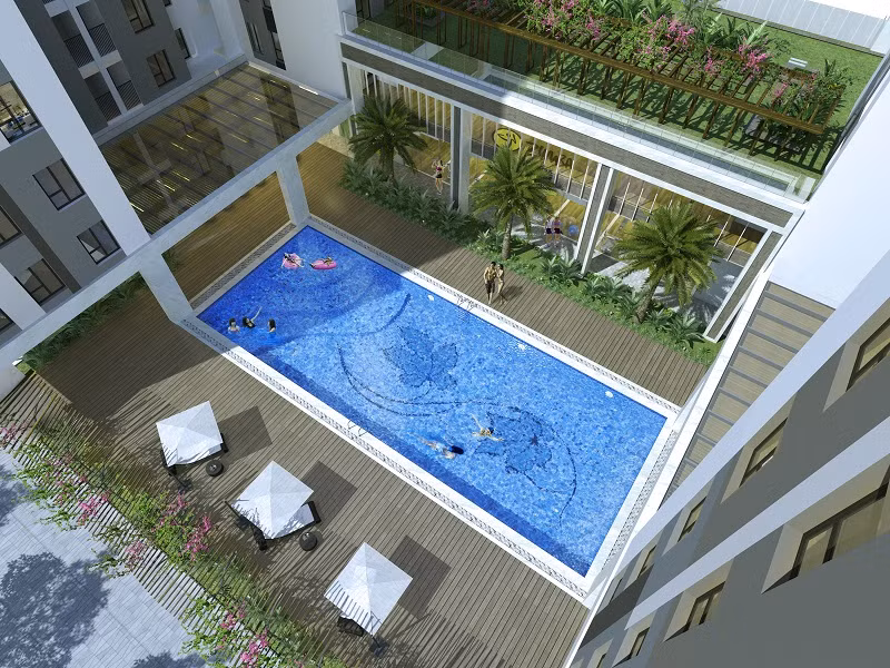 Kết nối giữa các tòa tháp là khu bể bơi ngoài trời, sân chơi rộng hơn 1.000 m2, khu vui chơi trẻ em...Ảnh: Cengroup.