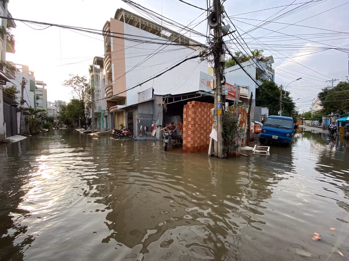 Chiều và tối 25/10, một số tuyến đường thuộc khu vực trũng, thấp của TPHCM như Trần Xuân Soạn, Huỳnh Tấn Phát (quận 7), Lê Văn Lương, Nguyễn Bình, Đào Sư Tích (Nhà Bè)... bị ngập khá nặng do triều cường.
